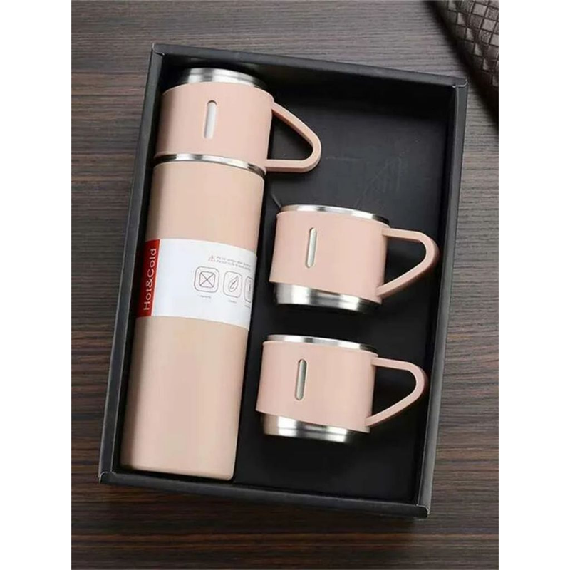 Kit Térmico Inox 304 com Garrafa 500ml + 3 Xícaras — Bebidas Quentes e Frias