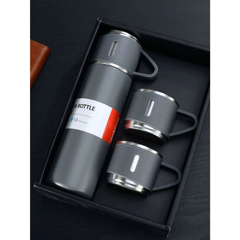 Kit Térmico Inox 304 com Garrafa 500ml + 3 Xícaras — Bebidas Quentes e Frias