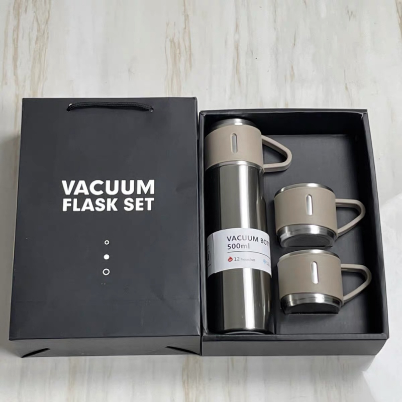 Kit Térmico Inox 304 com Garrafa 500ml + 3 Xícaras — Bebidas Quentes e Frias