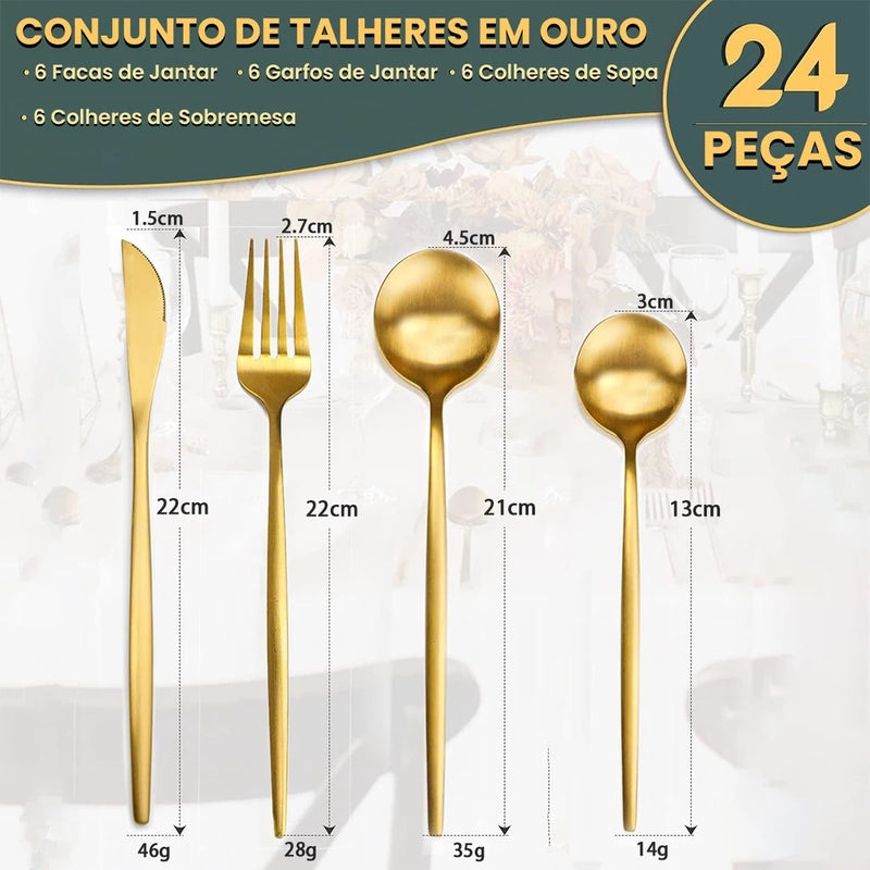 Jogo de Talheres Dourado 24 Peças em Inox Premium